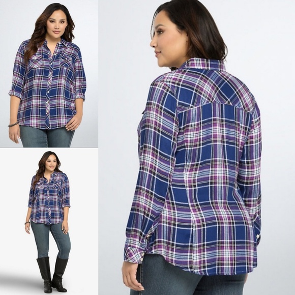 torrid Tops - Torrid Plaid Camp Button Down Shirt Purple/Blue
